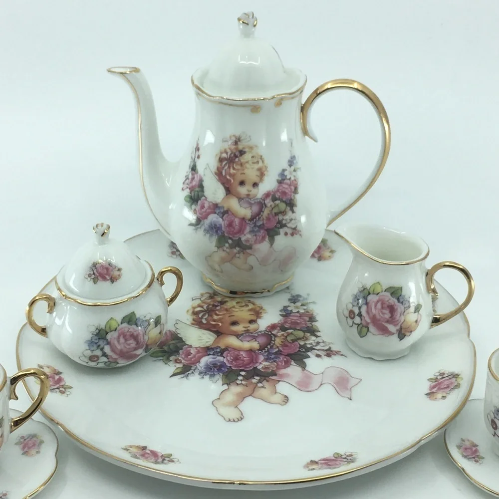 Vintage Children's Mini Tea Set White Porcelain Angel Pink Floral Gold Trim 10pc